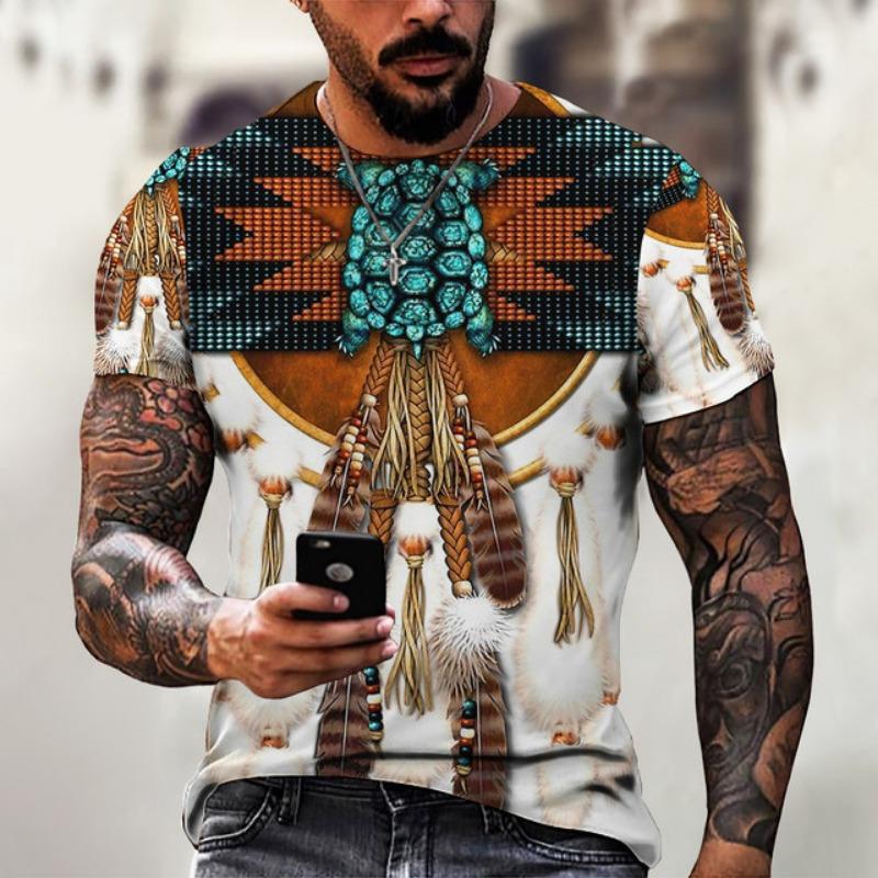 Men's Shirt Casual Harajuku T-shirt Animal Summer Retro Indian Print Men's Street Crew Neck Short Sleeve Design Large