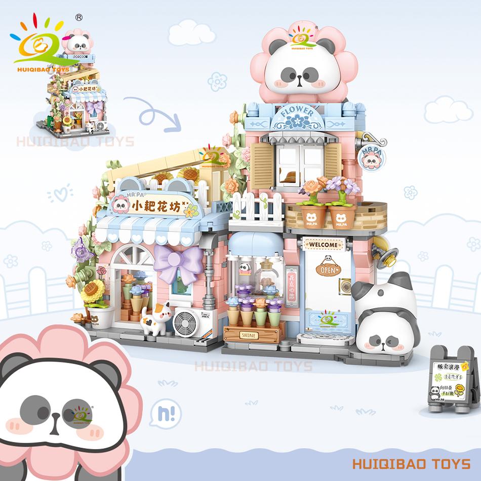 Non-Toxic City Mini Street View Panda Taiyaki Restaurant Model Building Blocks Diy Bear Coffee Shop Decorative Bricks Toys Adult