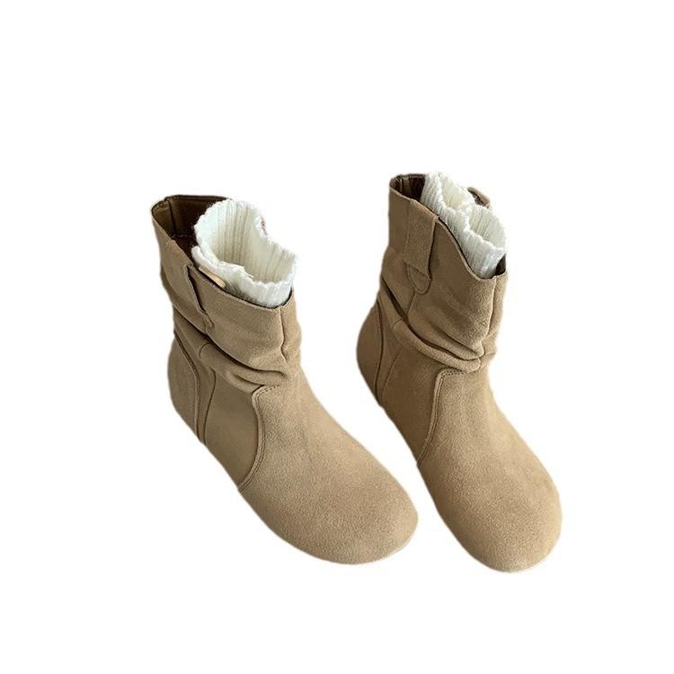 Soft Leather Retro Pleated Piled Boots Women's 2025 New Spring and Autumn Single Boots Medium Tube Thin Western Cowboy Soft Leather Short Boots