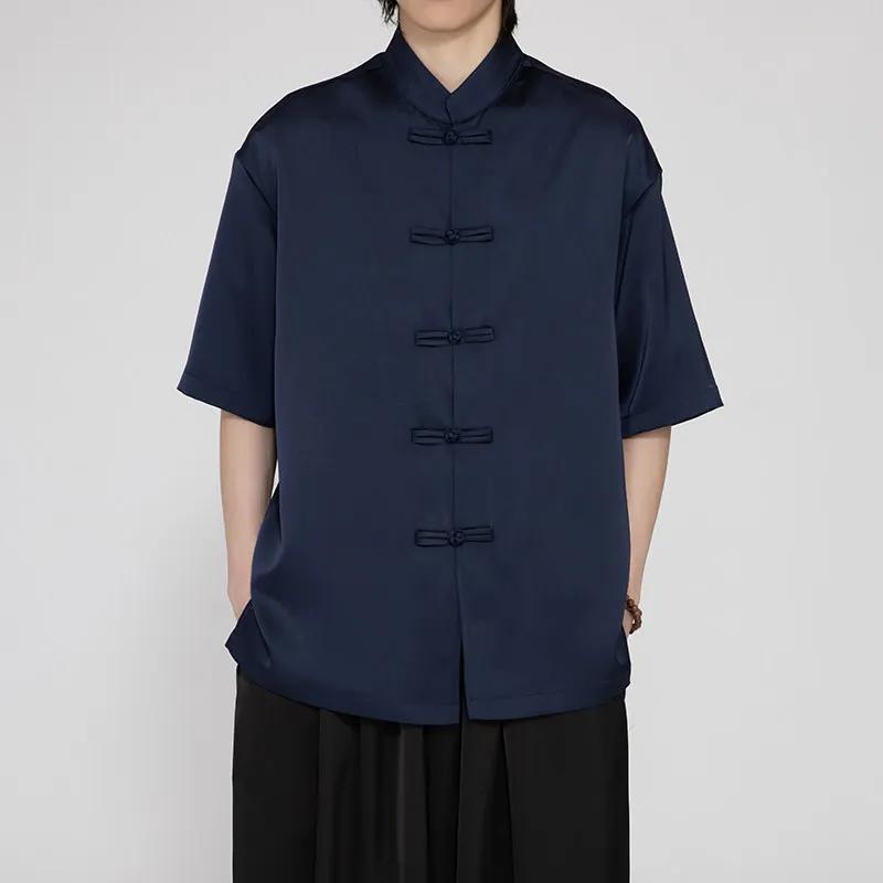 

Oriental Aesthetic Clothes Men New Chinese Style Tang Suit Shirt Men Frog Button Stand Collar Shirts Male Traditional Hanfu Tops M тёмно-синий