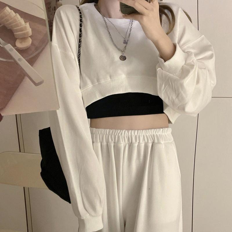 High Waist Short Sweatshirt Women's Loose Long Sleeve T-shirt Top