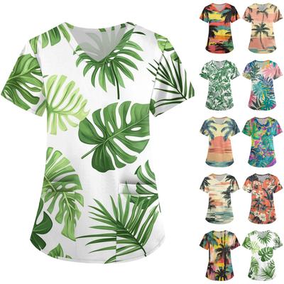 Women's Fashion V-neck Short-sleeved Workwear With Pocket Hawaiian Print Top Carer Suit