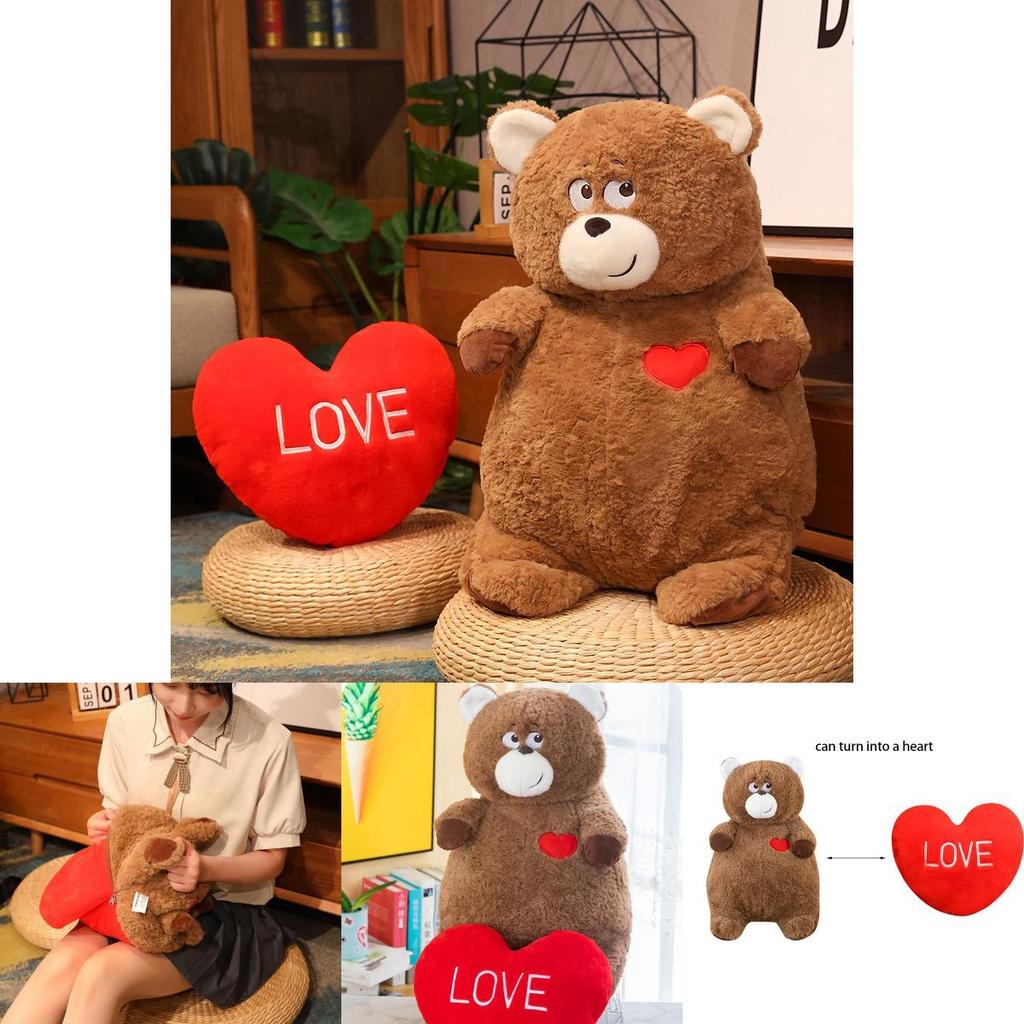 Peluche Ours en Peluche Mignon Oreiller Cœur Réversible Poupée Animal de Dessin Animé Cadeau d'Anniversaire Pour Filles 40cm 0.35kg