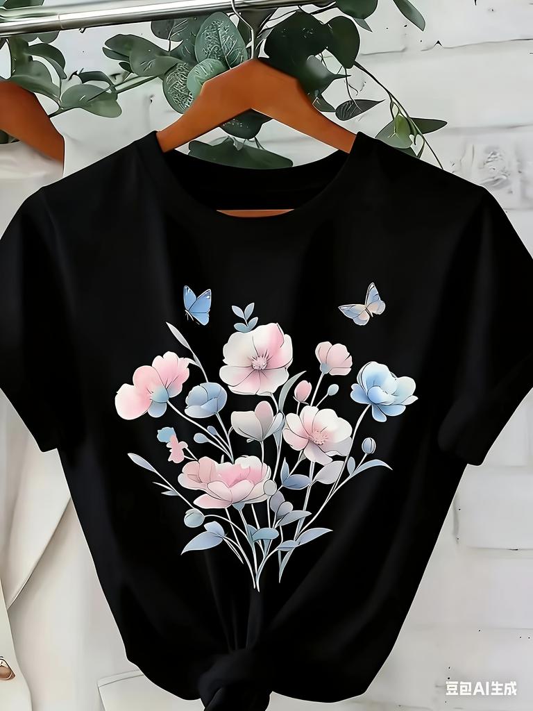 European Size Ladies' Floral Print T-Shirt | Casual Crew Neck Short Sleeve Top for Spring and Summer