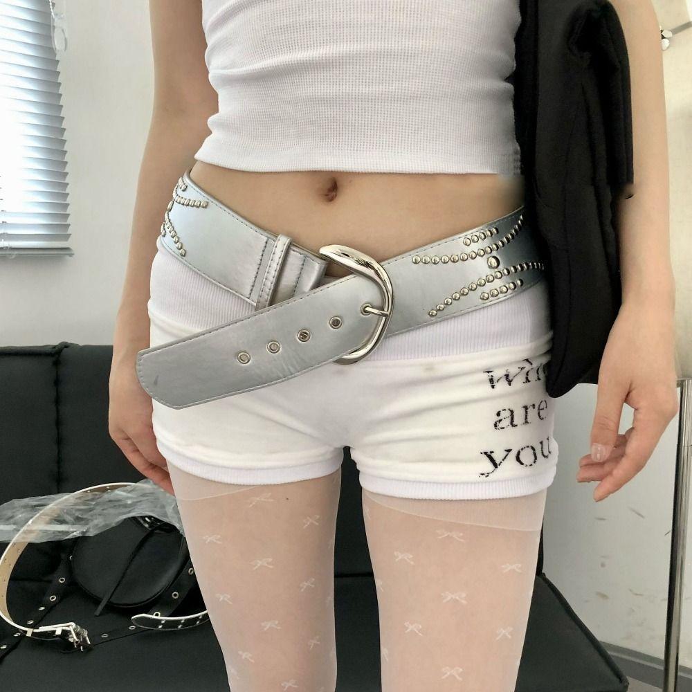 Y2K Wide Belt Silver PU Leather Waistbands Vintage Rivet Waist Belt  Jeans
