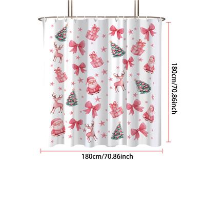 1pc Pink Merry Christmas Print Waterproof Shower Privacy Hanging Curtain with 12 Hooks Multiple Sizes Machine Washable