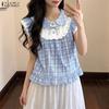 Women Sweety Casual Doll Collar Plaid Print Short Sleeve Blouse