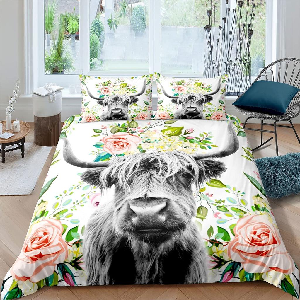 Highland Cow Duvet Cover King Sunflower Black Cattle Bedding Set Microfiber Farm Animal Cow Western Farmhouse Cattle Quilt Cover