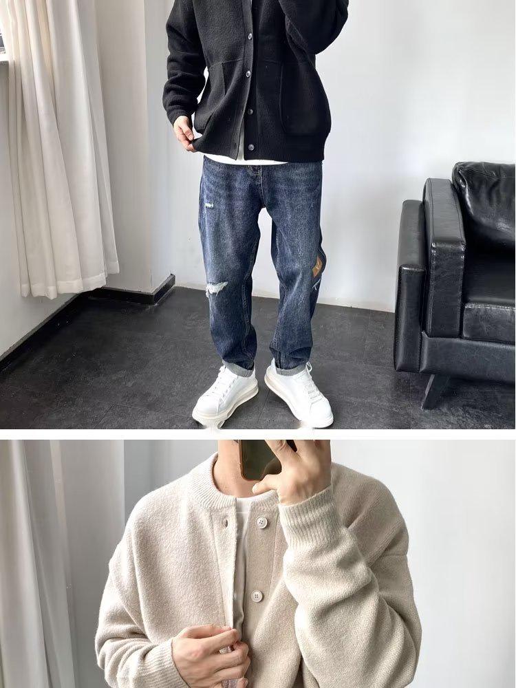 Men's Japanese Round Neck Cardigan: Spring/Fall Hong Kong Style Knit Sweater, Simple Loose Fit, Thick Sweater Coat