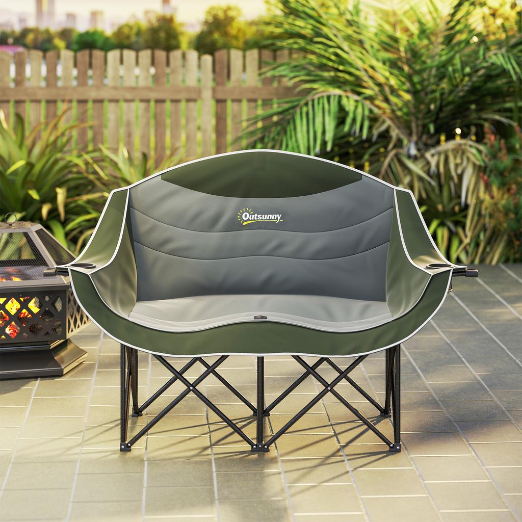 Folding Chair Foldable 2-Seater Camping Chair with Cup Holder Carry Bag up to 250kg Load Capacity Green