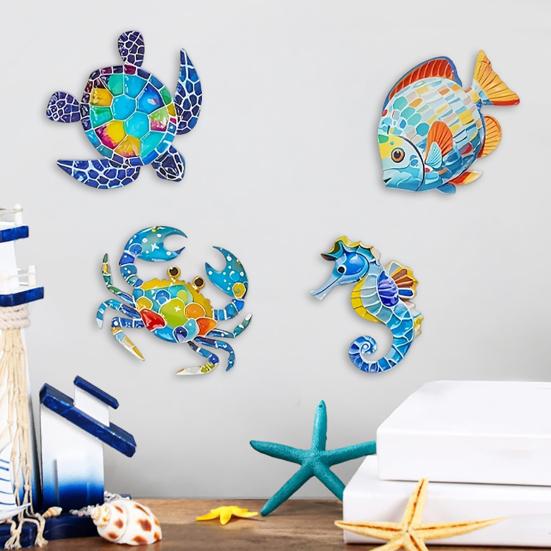4 Stück Holz Strand Wanddeko Bunte Meeresschildkröte Fisch Krabbe Seepferdchen Außen Skulpturen Meeres-Thema Wandkunst für Gartenzaun Hauswand