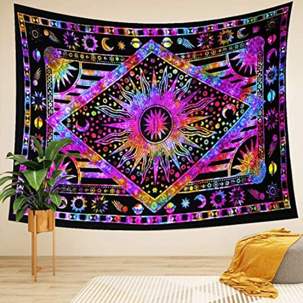 BLESS INTERNATIONAL Handmade Indian Hippie Bohemian Psychedelic Celestial Sun Moon Wall Hanging Bedding Tapestry (Purple Multi)