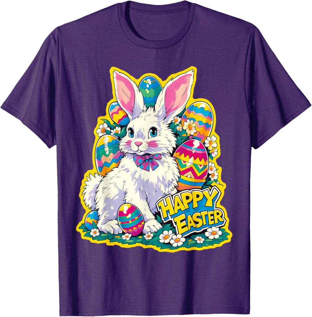 Happy Easter Bunny Floral Eggs Graphic Tee Soft Cotton Casual Short Sleeve T-Shirt