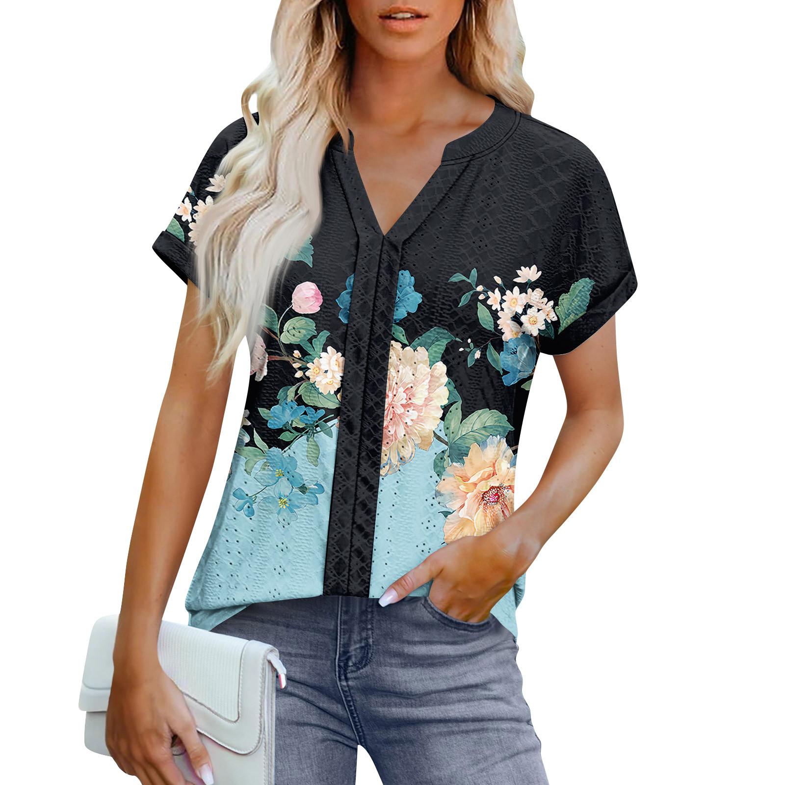 

Женские топы с коротким рукавом V-образным вырезом, блузка, нарядная повседневная одежда с принтом и вышивкой, летняя модная одежда XL циан