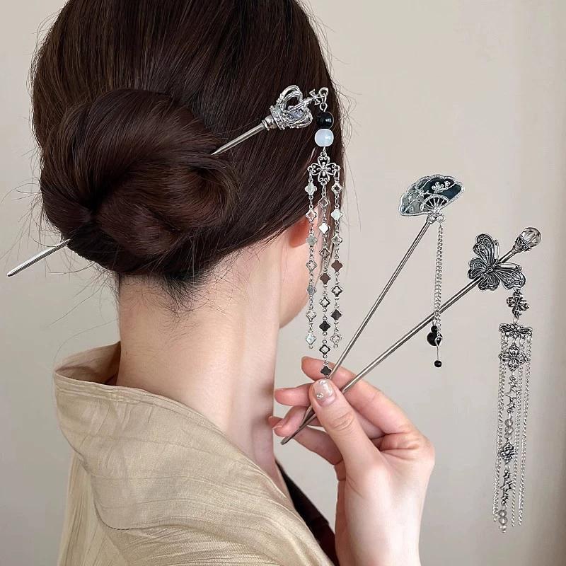 Chinese Style Butterfly Fan Tassel Hair Stick For Women Vintage Metal Hanfu Chopstick Hair Sticks Hair Accessories
