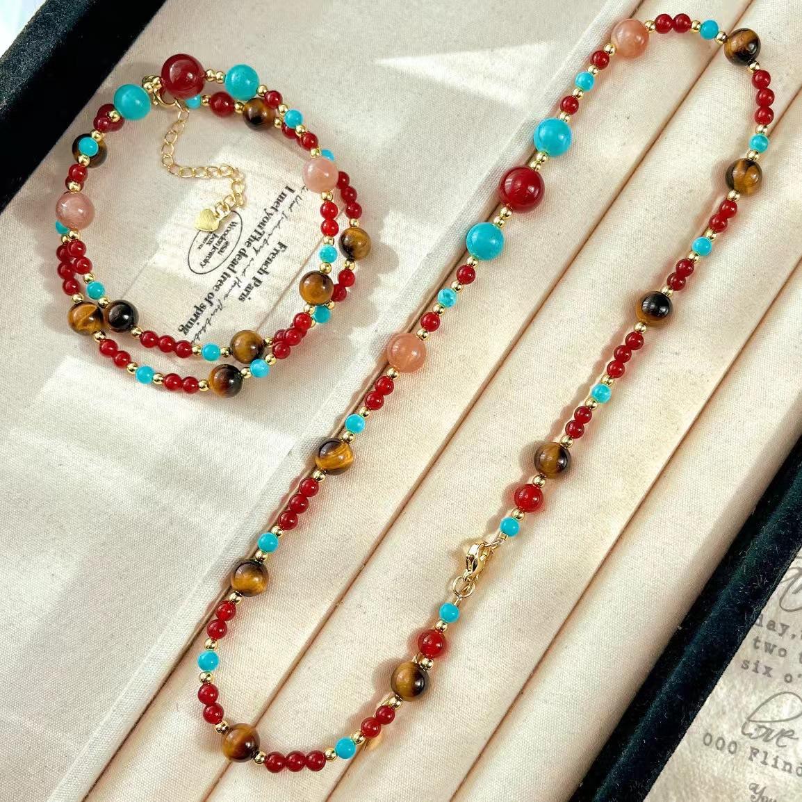 Retro Sweet Natural Chalcedony Sun Stone Tiger Eye Stone Gypsy Collarbone Chain Necklace