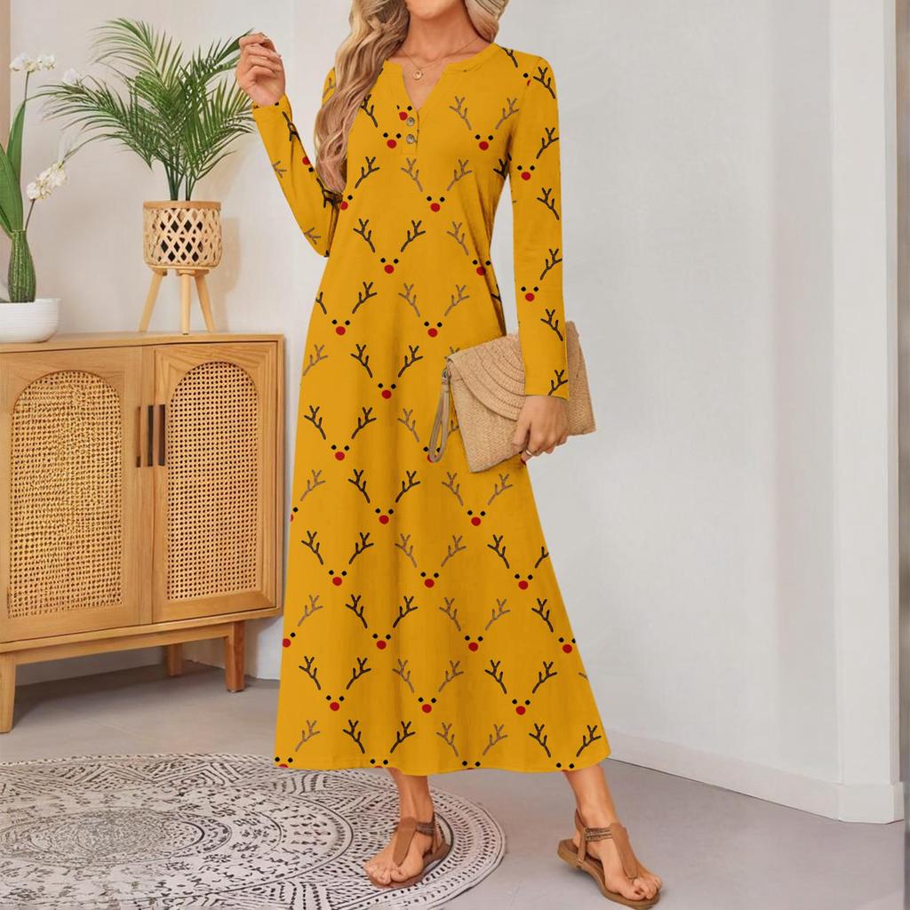 women's cute printed long-sleeved comfortable loose dress, elegant dress