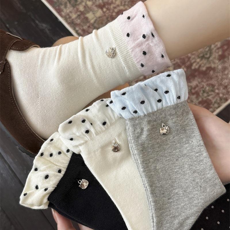 Contrasting Color Luo Kou Small Polka Dot Socks Lace Medium Tube Socks Cartoon Kt Cat Pendant Stacking Socks Jewelry Socks