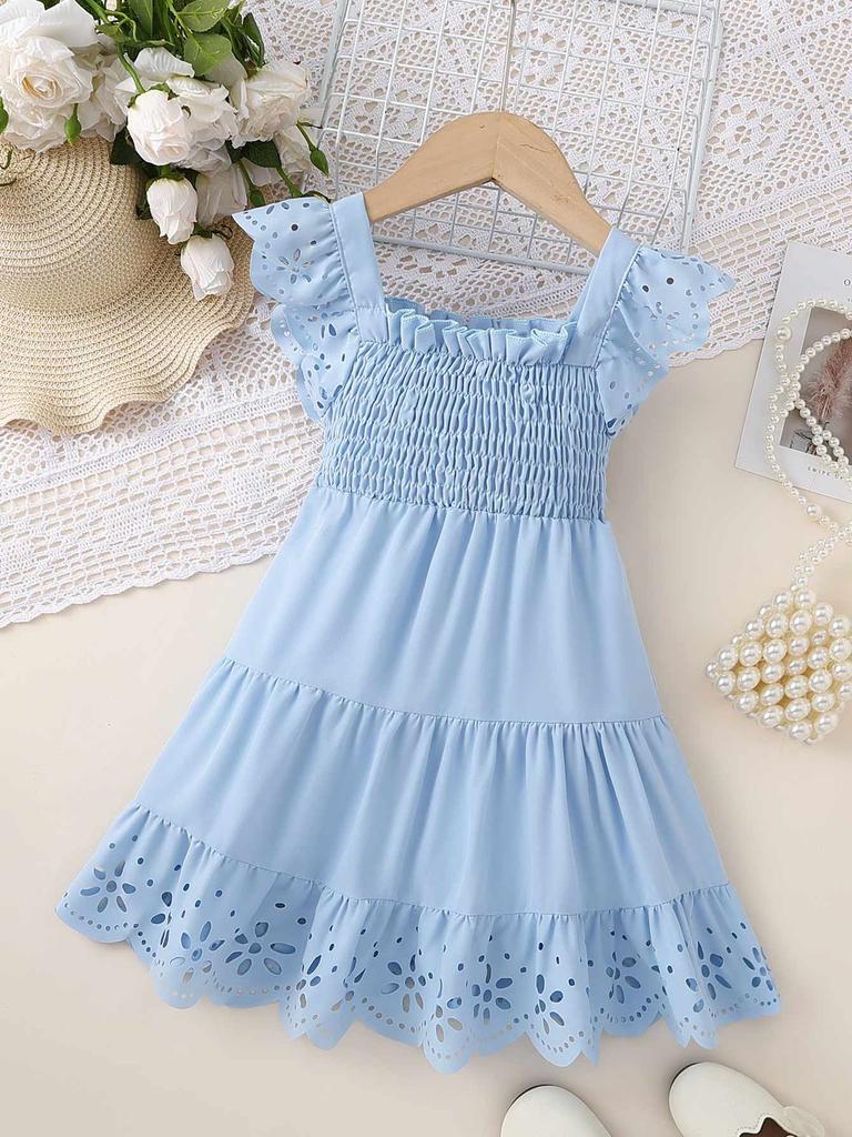 Smok Sommerkleid für Mädchen, Kleinkind-Sonnenkleid mit Rüschenärmeln und Lochstickerei, Einfarbig Blau, Mehrlagiges Partykleid für Kinder 3-7 J.