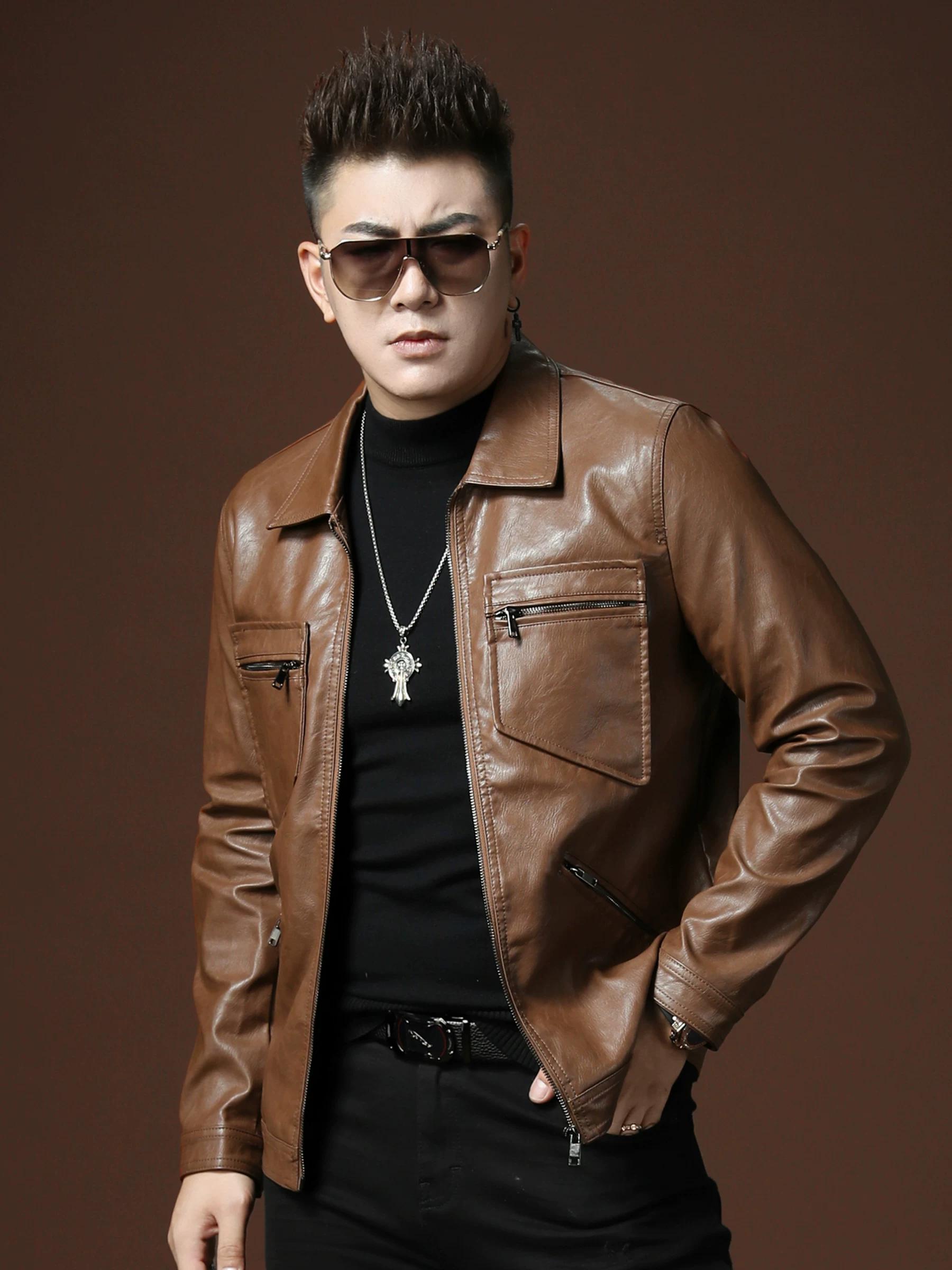European Men s Leather Jacket Autumn 2025 New Trendy Brand Multi-Pocket Leather Coat Men s Turn-Down Collar Motorcycle Jacket M хаки