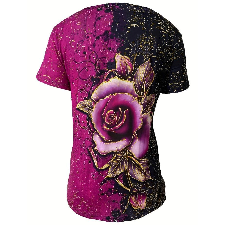 Plus Size Women's Casual Rose Print Short Sleeve V Neck Medium Stretch T-shirt - Comfortable, Breathable, Relaxed Fit - Perfect for Daily Wear