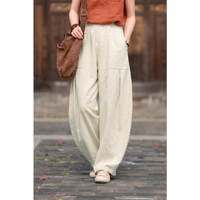 Women s Linen Blend Harem Pants Elastic Waist Loose Fit Casual Trousers S абрикосовый