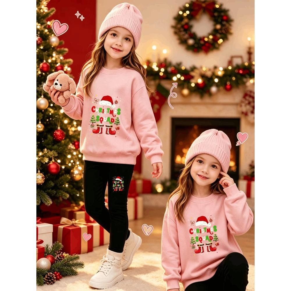 Girls' Christmas Cartoon Casual Comfortable Soft Loose Pullover Sweatshirt and Leggings 2-Piece Set, New Autumn/Winter, Playful, Sweet and Cool Style