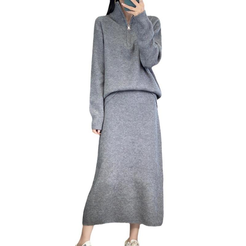 Half Zipper Turtleneck Sweater Two-piece Set Autumn and Winter New Casual Thick Skirt Knitted Sweater Set Women