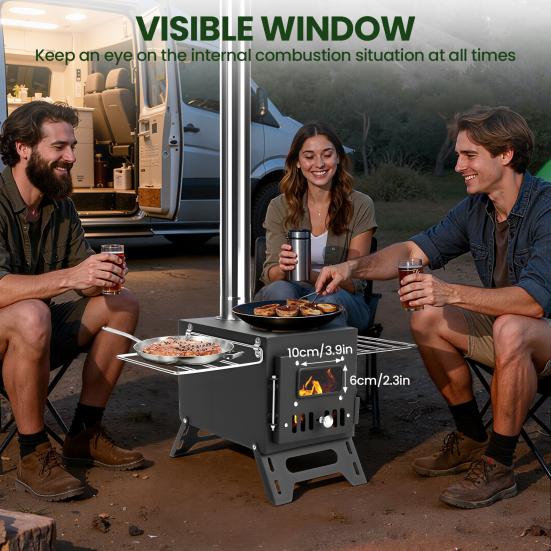 Wood Burning Stove with 5 Pipes Accessories, Large Firebox Heating Cooking Hot Tent Stove, Portable Stainless Steel Stove for Outdoor, Camping,