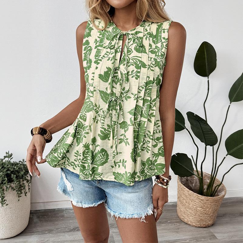 European & American Style 2025 Summer Elegant Printed Tie-Up Pleated Sleeveless Women s Shirt L зелёный