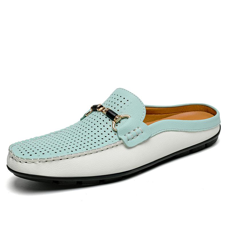 Fashion Men's Breathable Muller Shoes Hollow Out Genuine Leather Slip-On Walking Shoes Fashion Casual Flats Non-Slip Mens Slip on Shoes