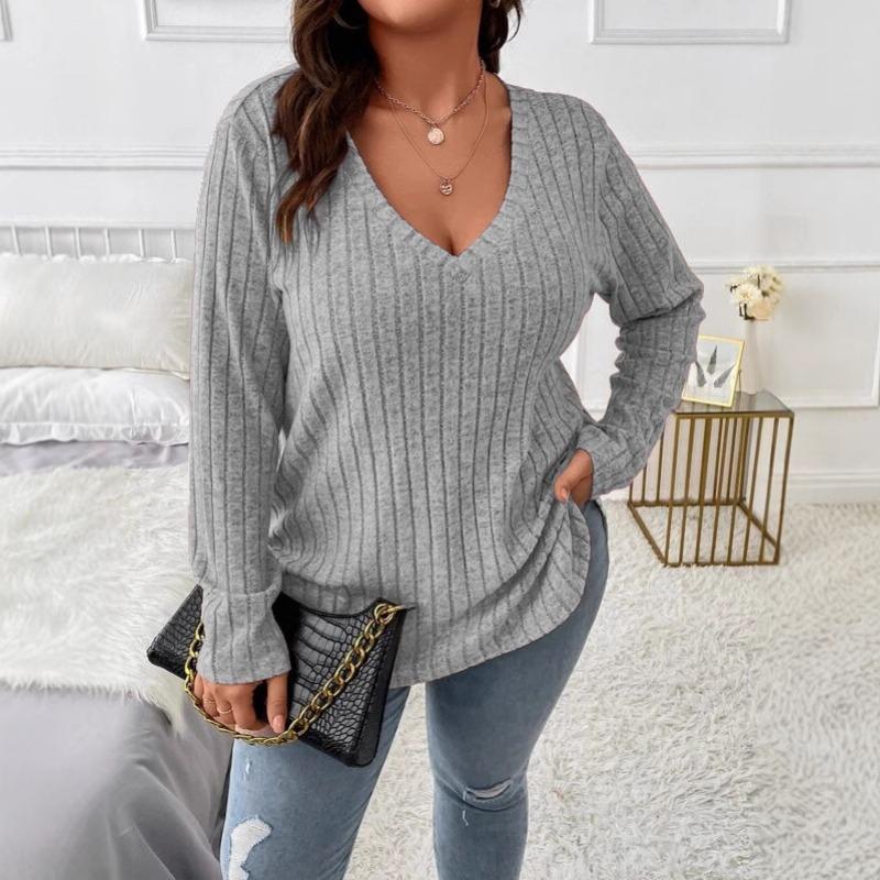 

Autumn Winter New Solid Color Large Size Women s Tops V-neck Long-sleeved Pit Strip Brushed T-shirt Loose Pullover XL сірий