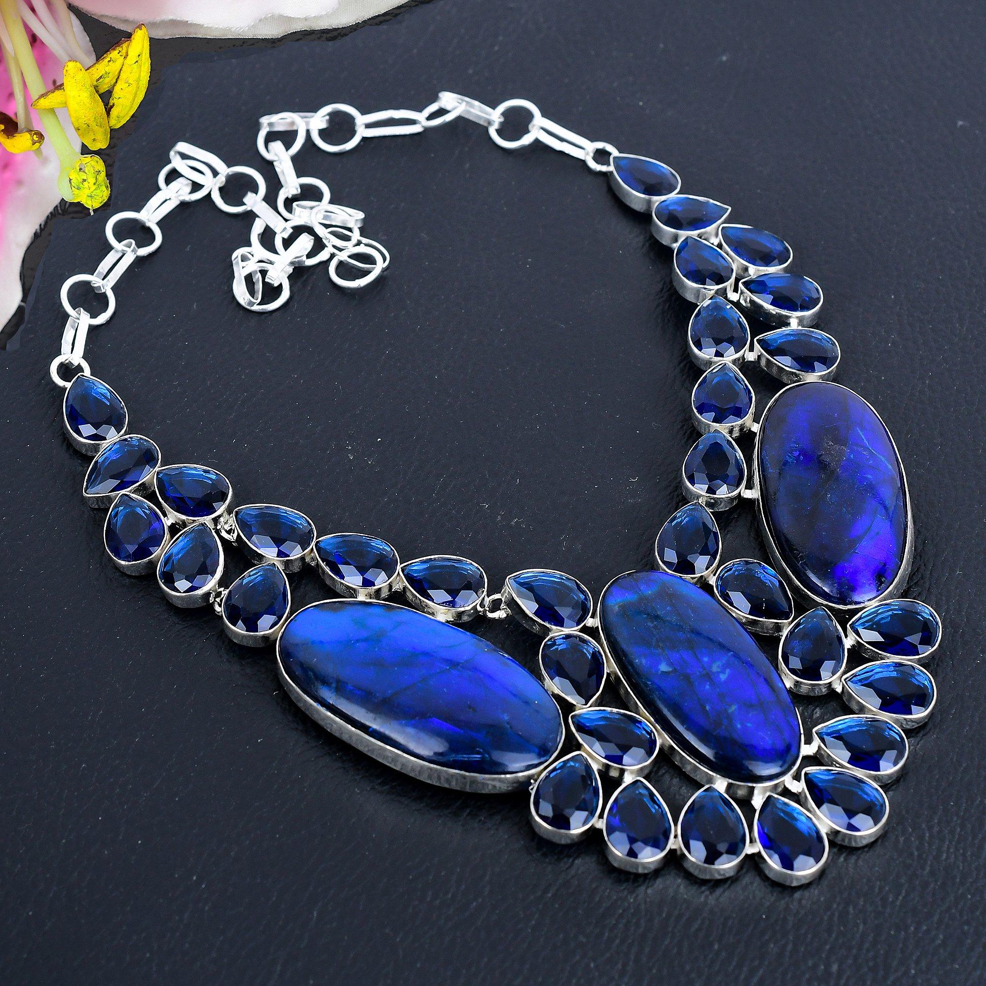 

Labradorite, Blue Topaz Gemstone 925 Sterling Silver Jewelry Necklace 18 KG-1835