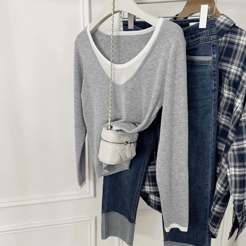 

Светло-голубая шикарная кофта с эффектом двухслойности для уменьшения возраста, женский осенний топ с длинным рукавом, модный мягкий ворсистый свитер в корейском стиле L серый