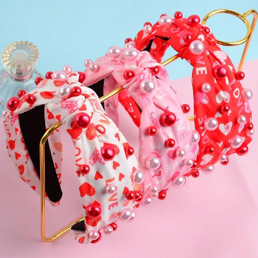 Red Pearl Fabric Headband Valentine's Day Party Gift Love Letter Heart Hair Accessories Women's Headband