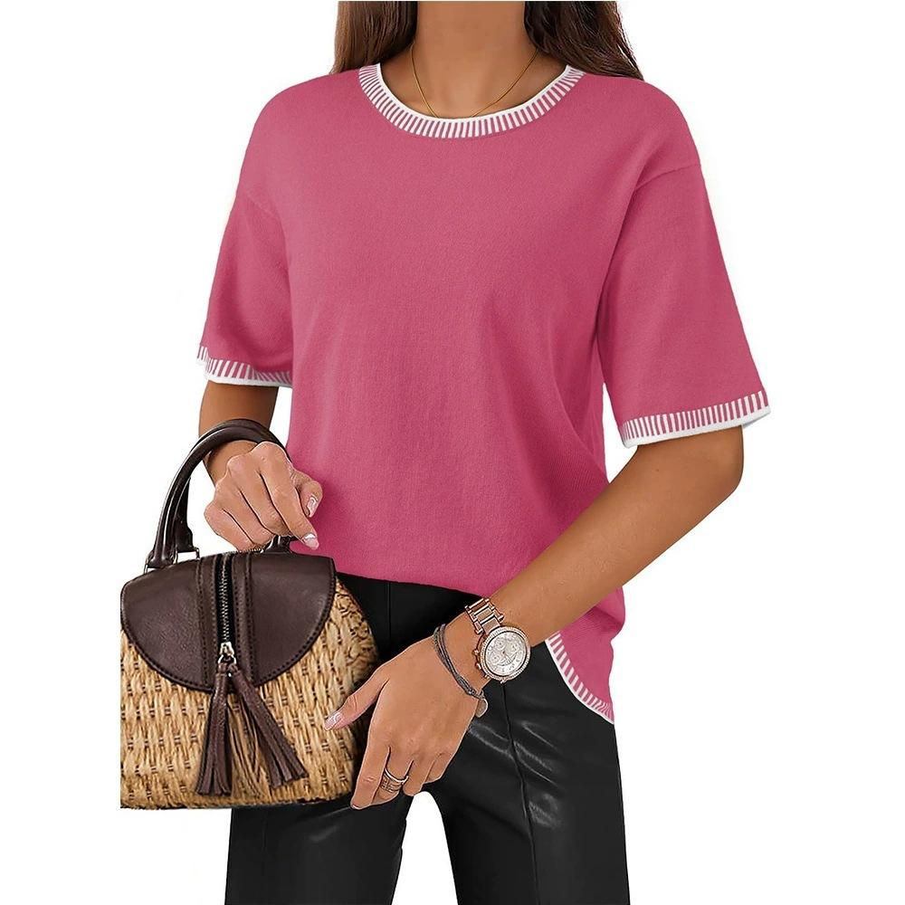 Color Contrast Ribbed Round Neck Short Sleeve Knit Pullover Sweater For Women