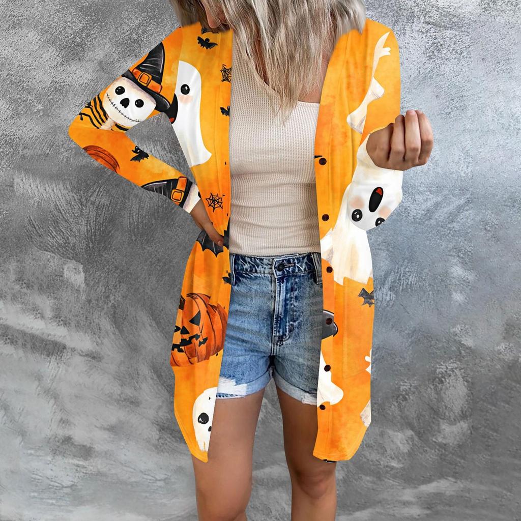 Women's Casual Cardigan Halloween Printed Long Sleeve Top With Pockets