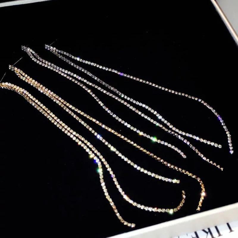 Rhinestone Long Fringed Internet Celebrity Stud Earrings, Earrings, Temperament Versatile Simple Earrings Women
