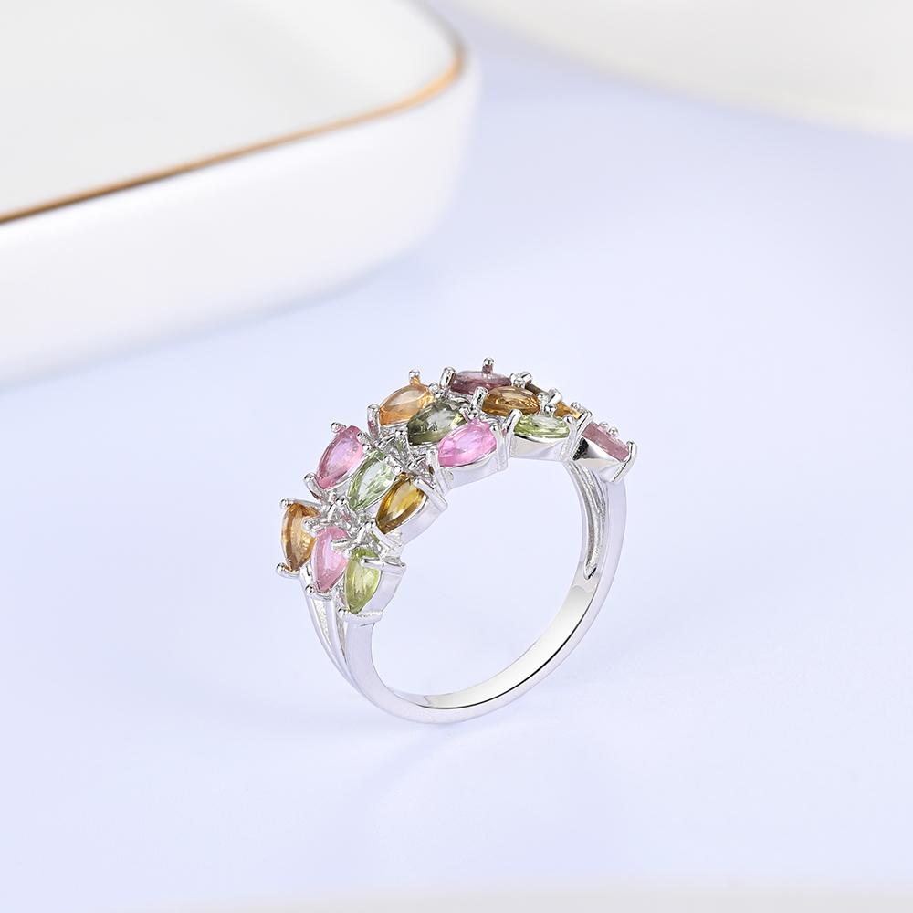 Anillo de turmalina multicolor natural de lujo S925 plata ligera tendencia de lujo mujeres compromiso, banquete y aniversario regalo