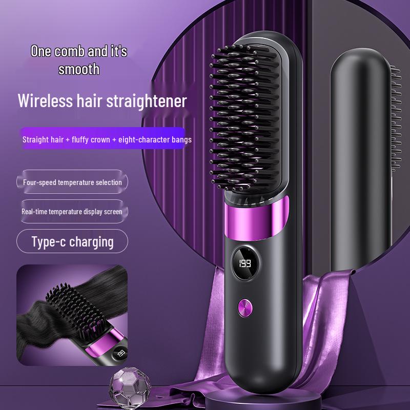 Cross-Border Portable LCD Wireless Hair Straightening Comb - Non-Damaging Heat Styling Off-White