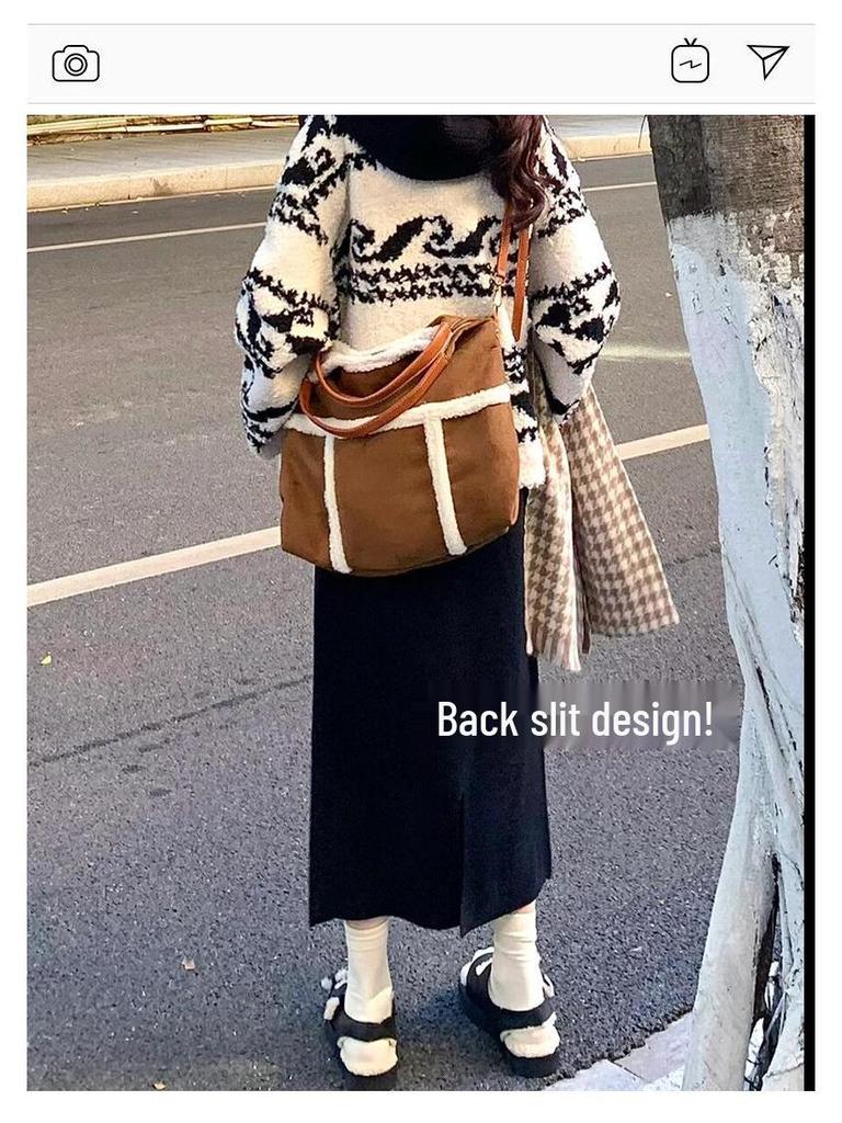 Woolen Korean Style Mid-Length A-line Skirt for Women - Autumn/Winter, Warm, Loose Fit, Hip-Hugging Split Design