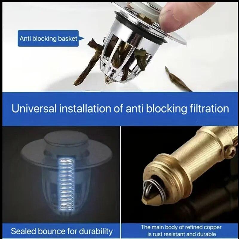 Bathroom Sink Drain Plug, Universal Push Sink Pop-up Chrome Sink Filter, Universal Stainless Steel Rebound Drain Plug Filter