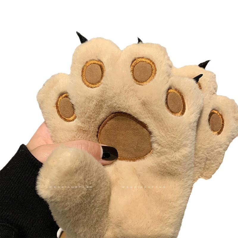 Cartoon Bear & Cat Paw Plush Gloves - Women's Fleece-Lined, Cold-Proof Winter Cycling Accessory