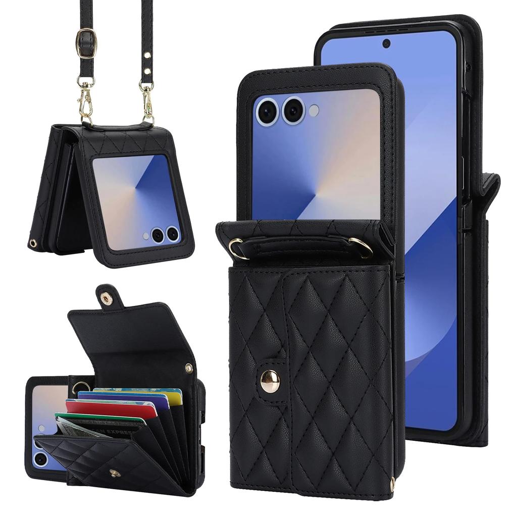 Leather Wallet Crossbody Phone Case for Samsung Galaxy Z Flip 7 fe 6 5 4 3 Flip7 RFID Blocking Card Holder Lanyard Purse Cover