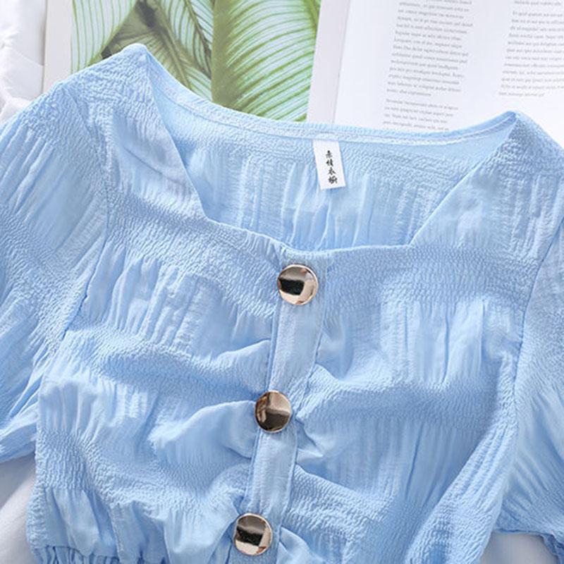 Ruffled Short-sleeve Shirt Nipped Waist Solid Pleated Button Down Top Female Chiffon Blouse Square Neck Chiffon Shirt