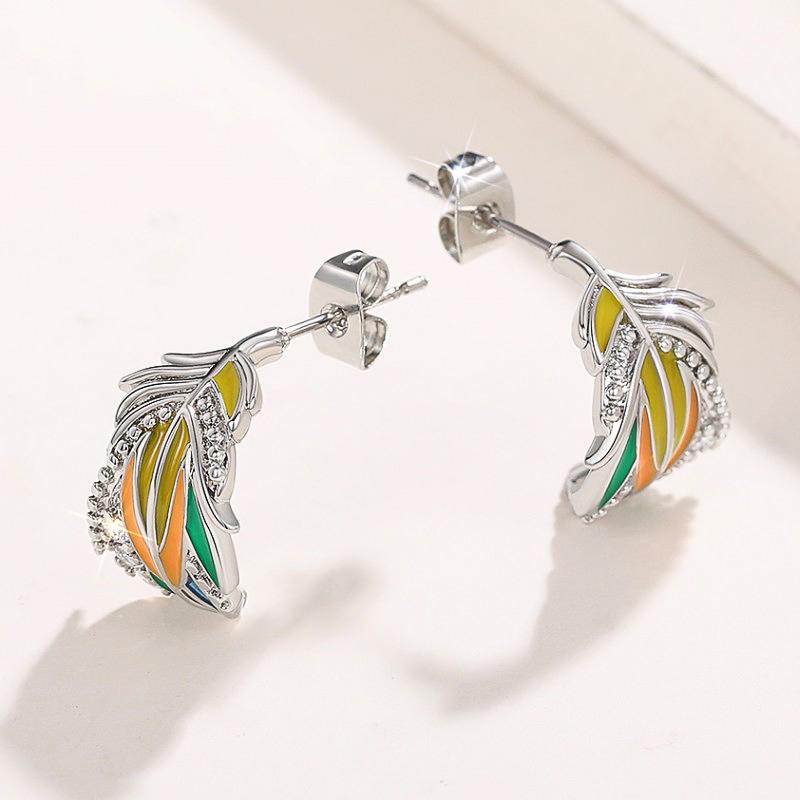Huitan Personality Feather Earrings for Women Handmade Enamel Stud Earrings with CZ Luxury Fashion Female Jewelry Drop Shipping