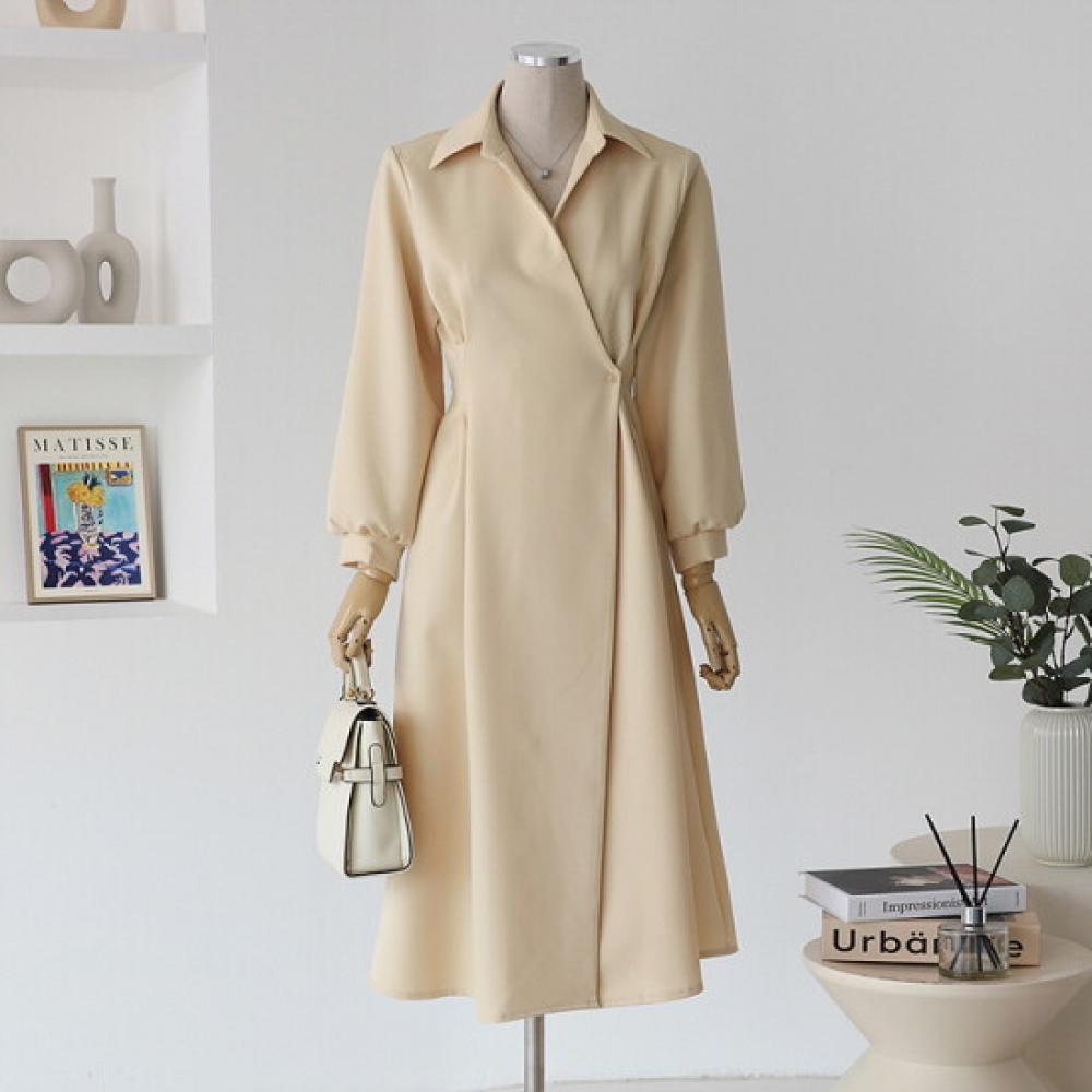 Customable Collar Wrap Side Button Flare Dress T2508op621c