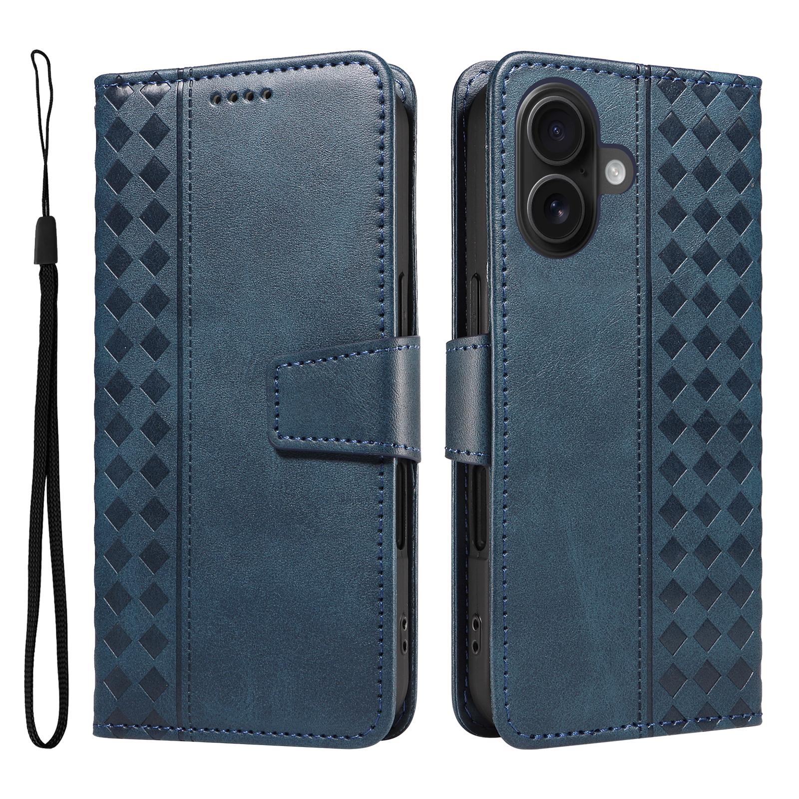 

For iPhone 16 Leather Case Wallet Stand Grids Imprinted Phone Cover with Strap Blue