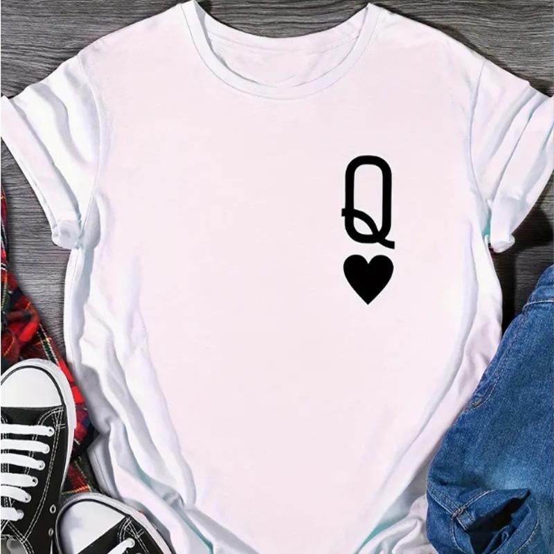 Fashion Women Q & Heart Print T Shirt Funny Casual O-neck Short Sleeves T-shirt Summer Female Tee Shirt