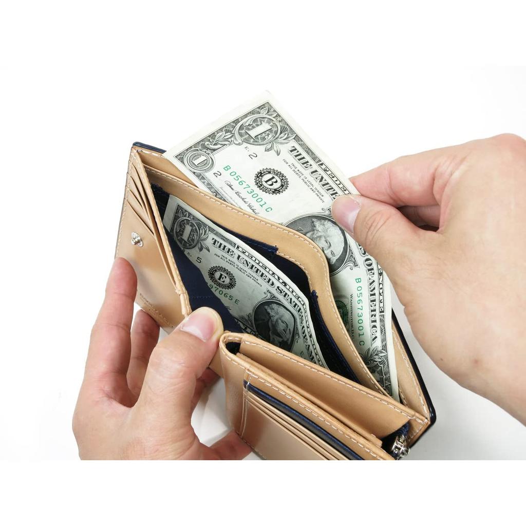 Baggy Port Half Wallet, Indigo-Dyed Leather with Paisley Embossed Pattern, Men's and Women's Unisex Bifold Wallet ZYS-196 (Dark Blue)